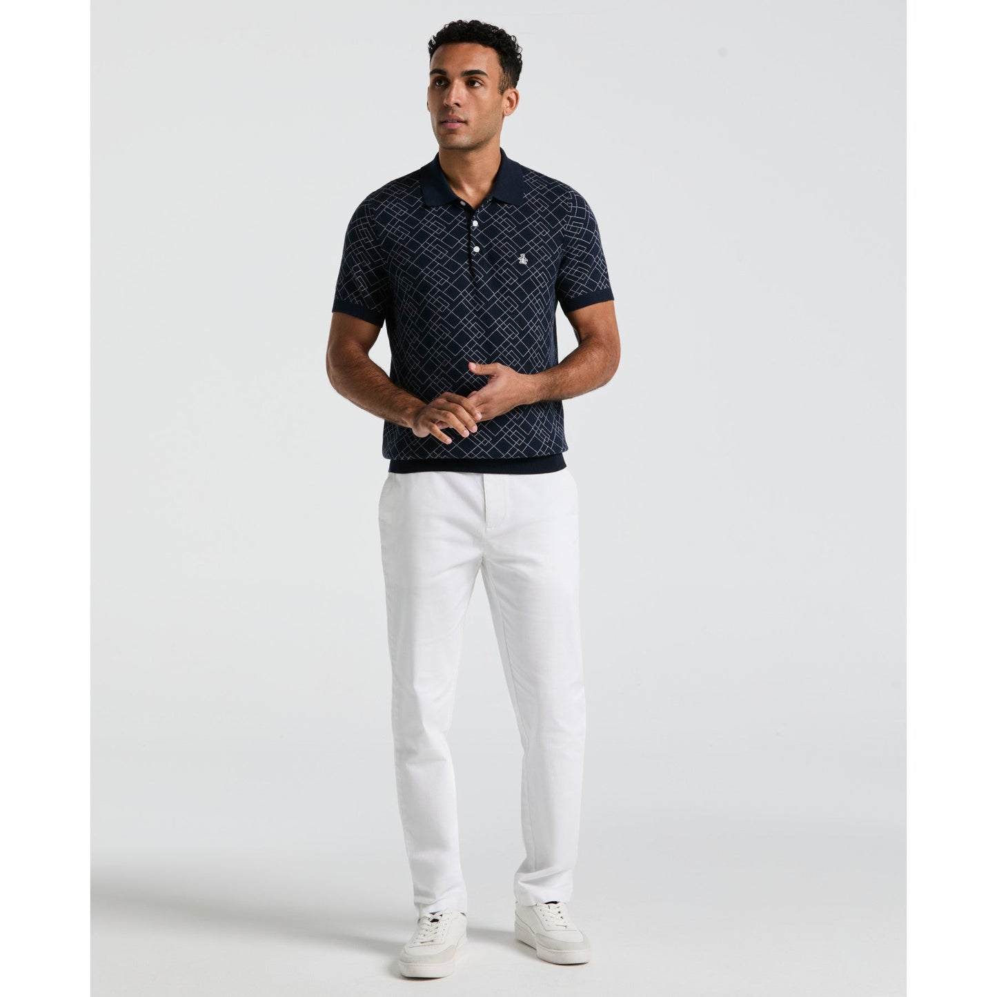 Original Penguin Jaquard Geometric Sweater Polo Shirt In Dark Sapphire(Jaquard Geometric Sweater Polo Shirt Blue Opgm2500gp 413)